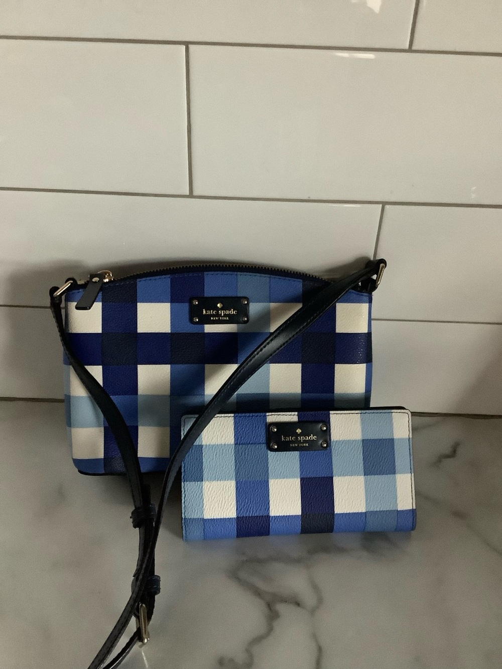 kate spade Blue Gingham Crossbody with Matching Wallet